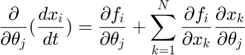 $$\frac{\partial} {\partial \theta_j} (\frac{dx_i}{dt}) = \frac{\partial f_i}{\partial \theta_j} + \sum_{k=1}^N \frac{\partial f_i}{\partial x_k} \frac{\partial x_k}{\partial \theta_j} $$
