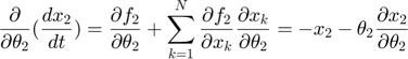$$\frac{\partial} {\partial \theta_2} (\frac{dx_2}{dt}) = \frac{\partial f_2}{\partial \theta_2} + \sum_{k=1}^N \frac{\partial f_2}{\partial x_k} \frac{\partial x_k}{\partial \theta_2} = -x_2 - \theta_2  \frac{\partial x_2}{\partial \theta_2}$$