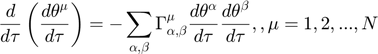 $$ \frac{d}{d \tau} \left(  \frac{d \theta ^ \mu}{d \tau}  \right) = - \sum_{\alpha,\beta} \Gamma_{\alpha,\beta}^\mu \frac{d \theta^\alpha}{d \tau} \frac{d \theta^\beta}{d \tau}, , \mu = 1,2,...,N $$