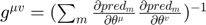 $g^{\mu v} = (\sum_m \frac{\partial pred_m}{\partial \theta^{\mu}} \frac{\partial pred_m}{\partial \theta^{v}} )^{-1}$